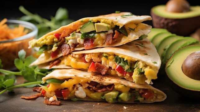 Soft Flour Breakfast Tacos Filled with Fluffy Scrambled Eggs, Crispy Bacon or Chorizo, Avocado, Pico de Gallo and Melted Cheese