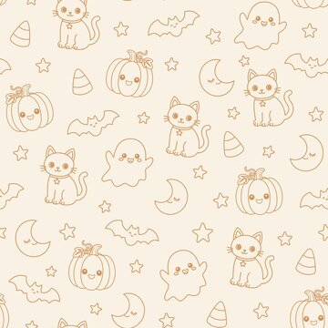 Animated Cute Halloween Seamless Pattern with Cat Pumpkin Ghost Bat and Candy Corn on Cream Background, Diagonal Scrolling Motion