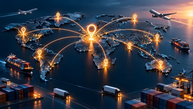 Digital world map with glowing routes alongside cargo ships, trucks, and airplanes representing international multimodal logistics and global supply chain