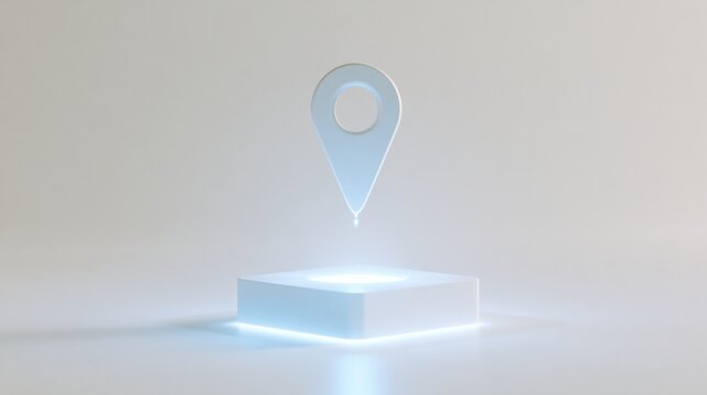 A glowing map pin is dropping onto a generic parcel, indicating a delivery destination in a bright and clean setting with plenty of space.