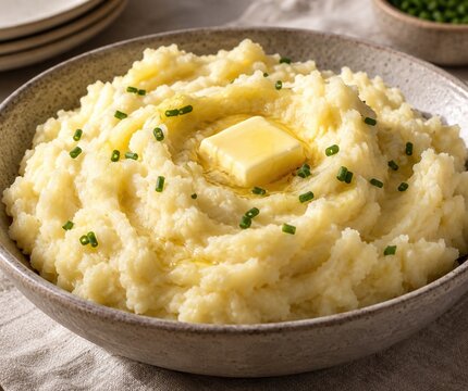 Creamy mashed potatoes in a ceramic bowl topped with a melting pat of butter and freshly chopped green chives for a delicious holiday side dish