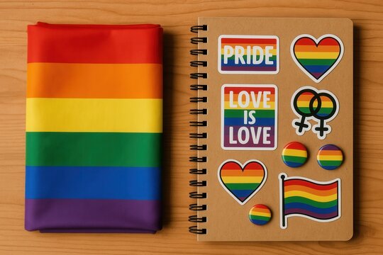 Rainbow pride flag and LGBTQ themed stickers on a wooden surface beside a spiral notebook.