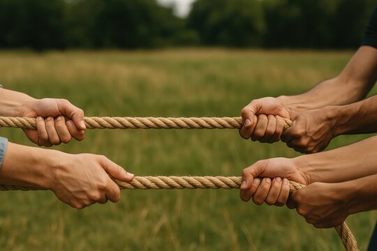 Four hands gripping a thick rope from opposite sides, engaged in a tug-of-war in an outdoor grassy field.