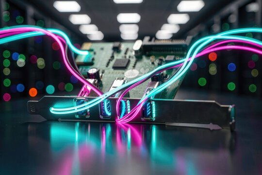 Neon glowing fiber optic cables connected to computer hardware