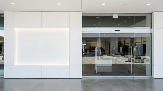 Modern minimalist shop entrance with glass sliding doors.