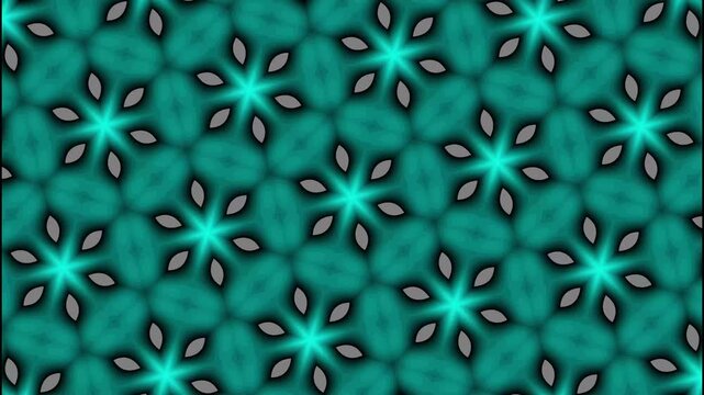 Kaleidoscope pattern animation pulses in soft teal and cyan tones. Symmetrical geometric starburst graphics shape the pattern. Dynamic abstract visual energy drives the kaleidoscope pattern.