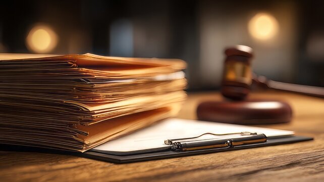 Legal documents stack on wooden desk with judge gavel, professional law office paperwork, judicial system files and clipboard in courtroom