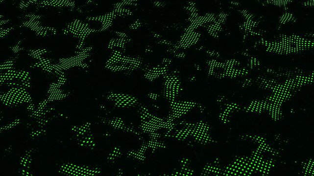 Digital dots pattern animation glows in abstract green tech forms. High tech matrix screen coordinates shape this digital dots pattern. Cyber data telemetry streams along the digital dots pattern.