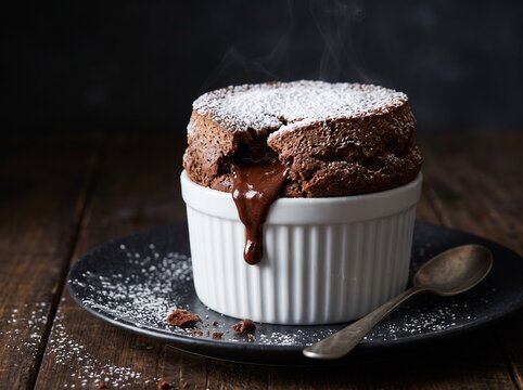 Decadent molten chocolate souffle in white ramekin dusted with powdered sugar, generative AI