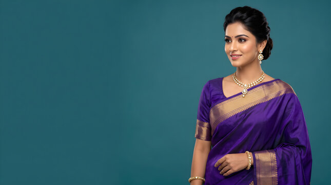 A beautiful young indian woman wearing a traditional purple silk saree with golden border posing against a blue background