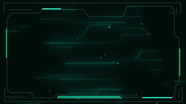 Teal HUD interface frame animation displays digital lines and dots. High tech telemetry screen borders shape the HUD interface frame. Cyber control room graphics outline the HUD interface frame.