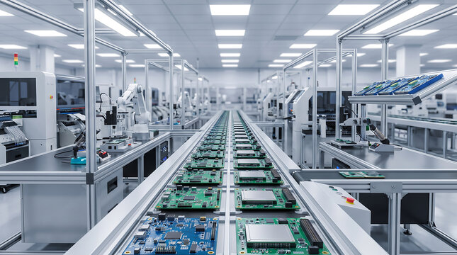 Automated electronics manufacturing facility with robotic assembly arms conveyor belts and circuit boards on a high tech production line
