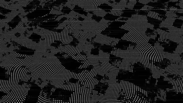 Wavy texture animation displays a black and white dotted mesh grid. Abstract 3D terrain perspective ripples along this wavy texture. Modern monochrome optical art animates the dotted wavy texture.