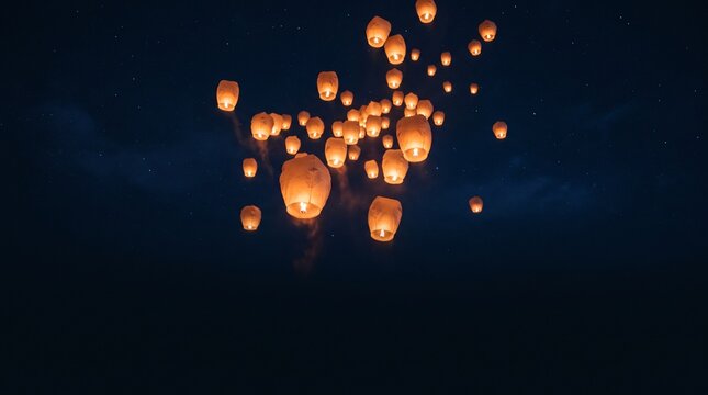 Many glowing paper lanterns floating and drifting into the dark night sky during a serene traditional festive celebration event
