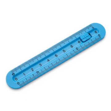 Blue Plastic Sliding Ruler with Gauge on White Background