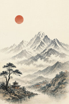 Traditional Chinese Ink Wash Landscape Painting of Misty Snow Mountains, Red Sun, Pagoda Temple, Pine Tree and River Village