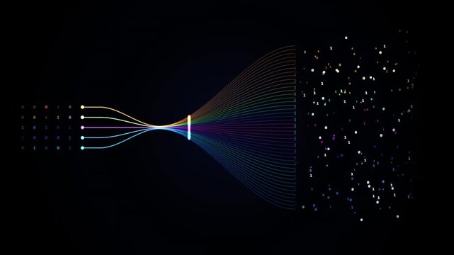 Artificial intelligence neural network data processing concept, machine learning algorithm transforming binary code with glowing fiber lines 4k video animation