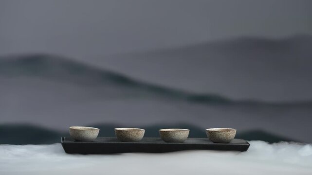 Four Small Ceramic Tea Cups on a Tray with Misty Mountains in the Background