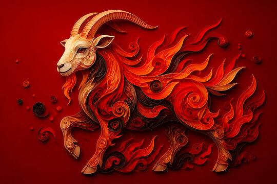 Fire goat paper quilling art featuring vibrant flames and swirling designs with a red background. This fire goat symbolizes energy and creativity, ideal for cultural projects or festive displays,