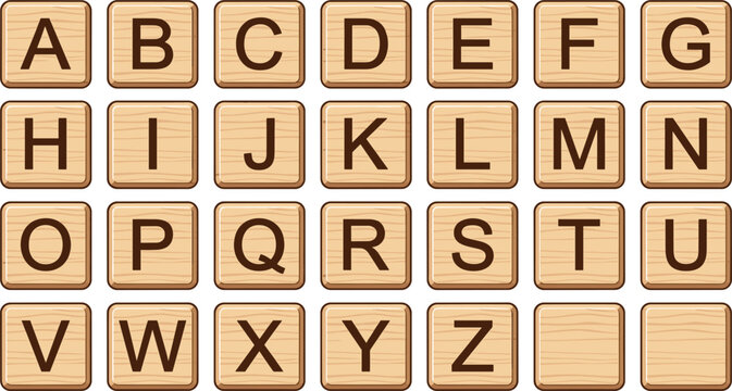 Wooden Scrabble Alphabet Tiles Grid Set Blank Tiles Word Game Letter Pieces Typography Vector Illustration