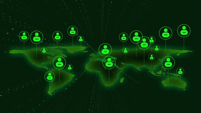 People icons animation connects over a digital world map backdrop. Global collaborative networking links each digital people icon. International telecommunication routes join the people icons.