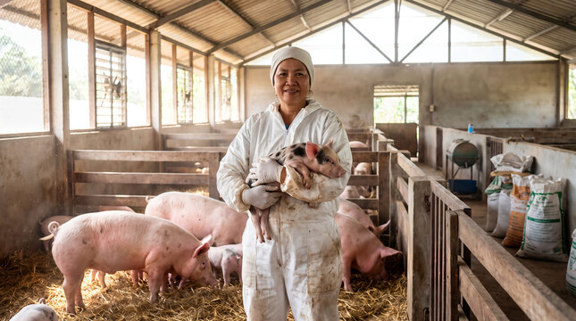 Asian female agricultural worker wearing white biosecurity coveralls and protective head covering while gently holding a healthy piglet inside a well-maintained pig farm.