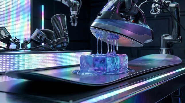 Clothes iron melting ice block on modern snowboard