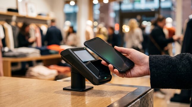 Contactless mobile payment with smartphone near POS terminal in a retail store.