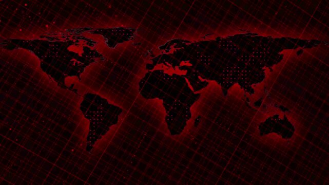 Digital world map animation glows in red with a network grid overlay. International cyber surveillance coordinates track on the map. Global threat monitoring telemetry routes over the world map.