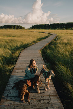 Woman resting with two dogs on a wooden boardwalk through open wetlands at golden hour, illustrating pet companionship, outdoor recreation, active lifestyle and shared journey.