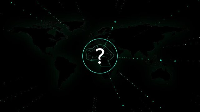 Question mark animation pulses inside a glowing ring over world map. Global inquiry search coordinates track around the question mark. Digital telecommunication research guides the question mark.