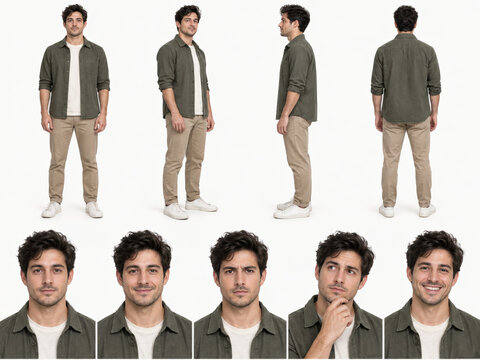 Male Content Creator Character Reference Sheet with Studio Poses
