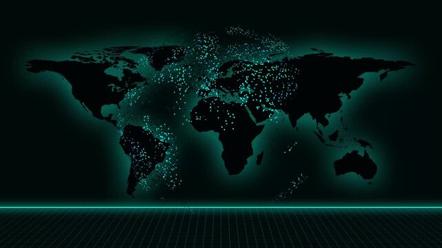 Digital world map animation displays glowing network connections. International cyber telemetry coordinates route on the world map. Global telecommunications link across this digital world map.