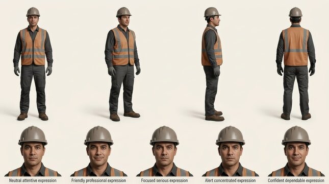 Construction Worker Character Reference Sheet with Safety Gear Poses