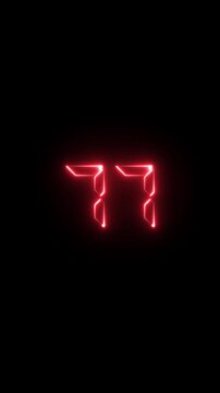 Glowing red digital number 77 neon countdown timer animation on black background