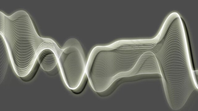 Abstract waveform animation glows with white ribbons on dark gray. Smooth fluid acoustic sound waves blend in this abstract waveform. Modern audio frequency graphics animate the abstract waveform.