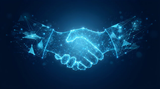 Close-up of two hands shaking with digital wireframe overlay in dark background