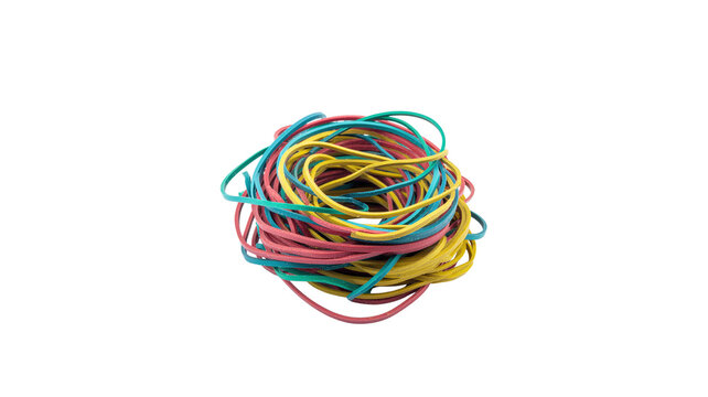 Heap pile of colorful elastic rubber bands isolated on white background