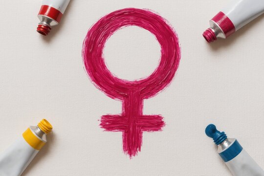 A hand-painted magenta female gender symbol surrounded by four tubes of paint on a white background.