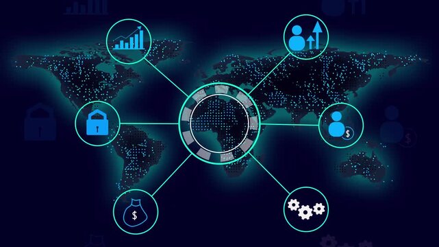 Global network animation connects business icons over a world map. International corporate telecommunication links the world map. Worldwide commercial data streams route through the network.