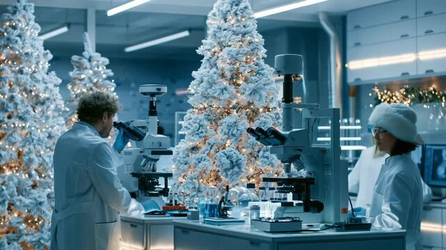 Researchers Studying Cells in Christmas Decorated Medical Lab