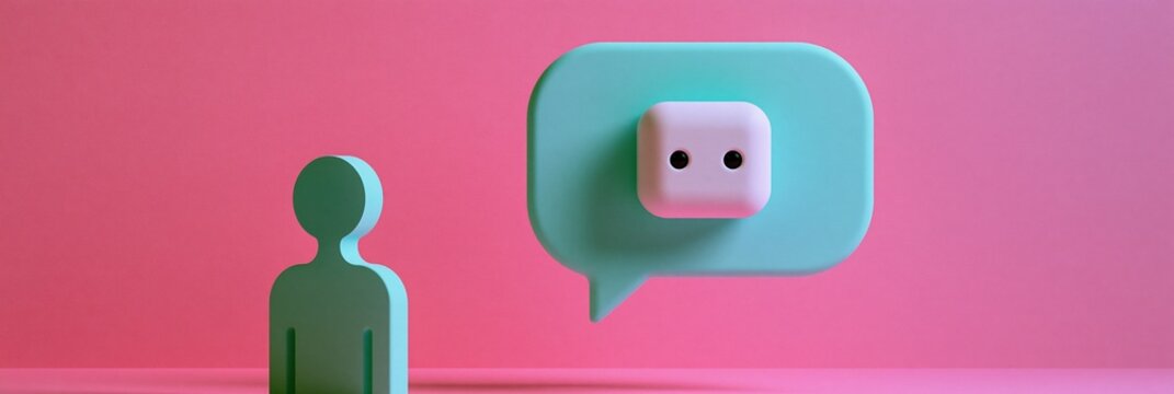 Abstract communication concept with minimalist person icon and speech bubble containing die, digital representation of social interaction and probability