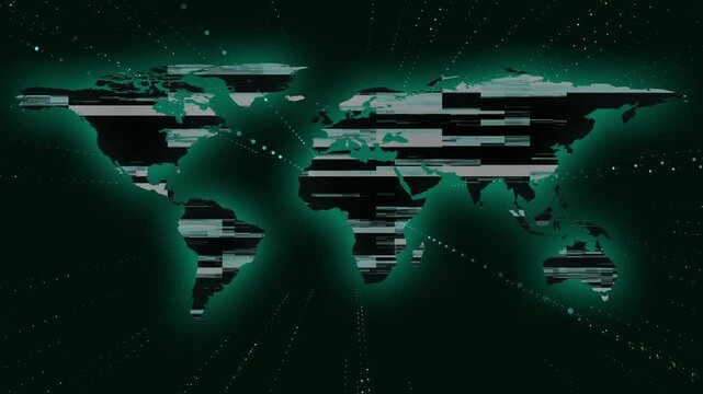 Digital world map animation glitches with horizontal scanning lines. High tech screen failure distortion fills the digital world map. Cyberpunk telemetry graphics route across the digital world map.