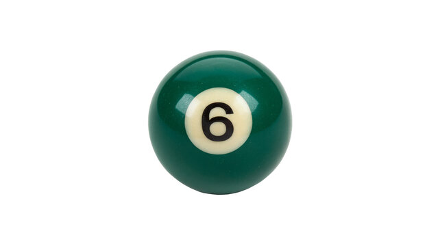 Green plastic shiny number six billiard pool ball isolated on transparent background.