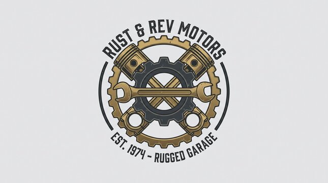 Vintage garage emblem featuring crossed pistons and gears on light background