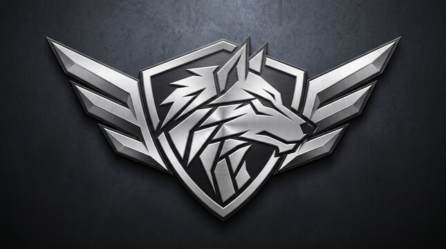 Metallic geometric wolf emblem with wings on a dark textured background