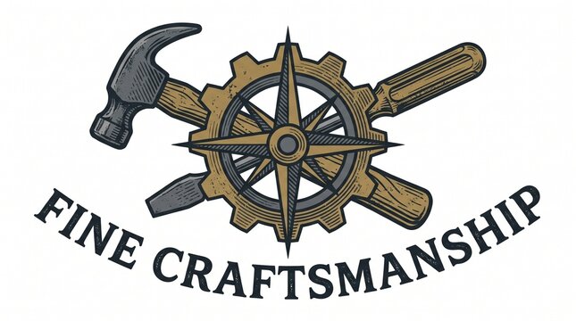 Vintage emblem featuring a hammer and screwdriver crossed behind a gear and compass for construction and craftsmanship branding.
