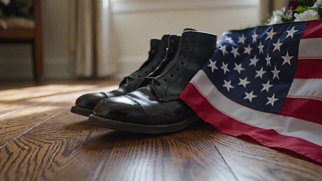 Military combat boots with American flag on wooden floor, patriotic veteran memorial concept, black leather army boots and USA flag