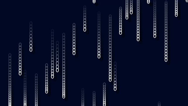Chains of circles animation hangs vertically on a dark blue plane. Minimalist geometric vector links move along the chains of circles. Modern abstract graphic art animates these chains of circles.
