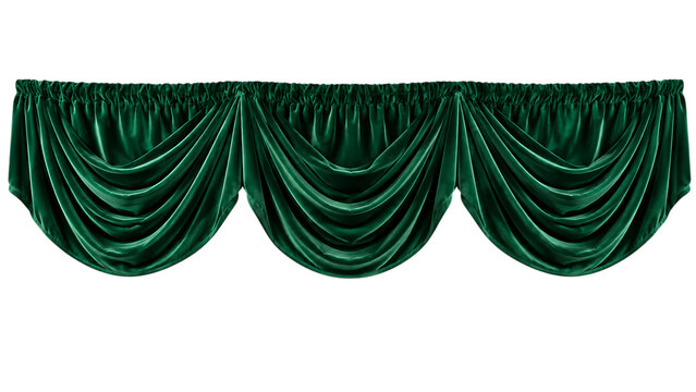 Elegant emerald green velvet swag curtain with luxurious folds decorative theater drapery valance classic interior isolated on a transparent background